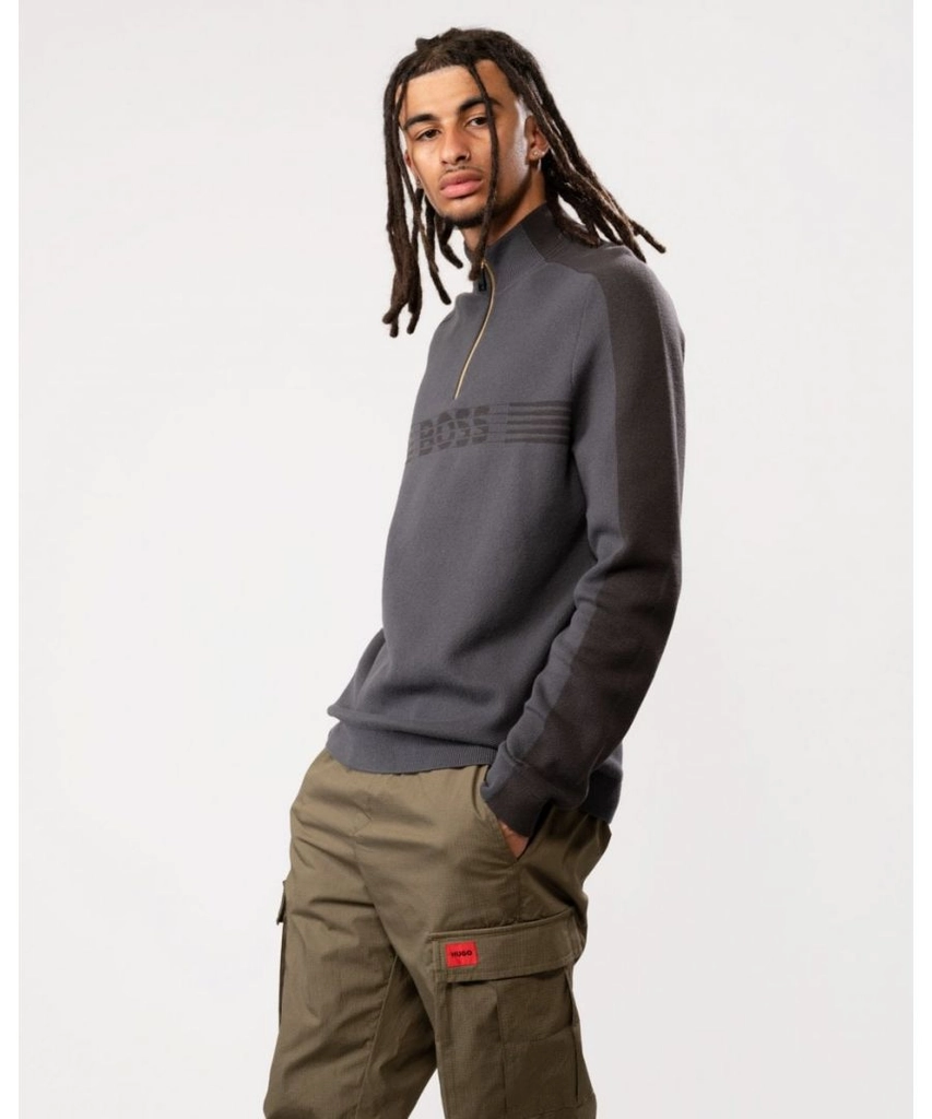 Hugo Boss Zirros Mens Knit Cotton 1/4 Zip Sweatshirt - Grey - Size Large